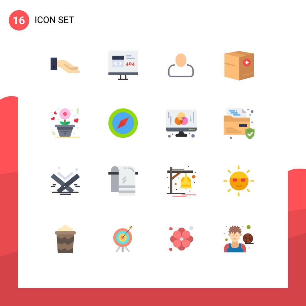 16 piatto colore concetto per siti web mobile e applicazioni amore più amministratore e scatola modificabile imballare di creativo vettore design elementi