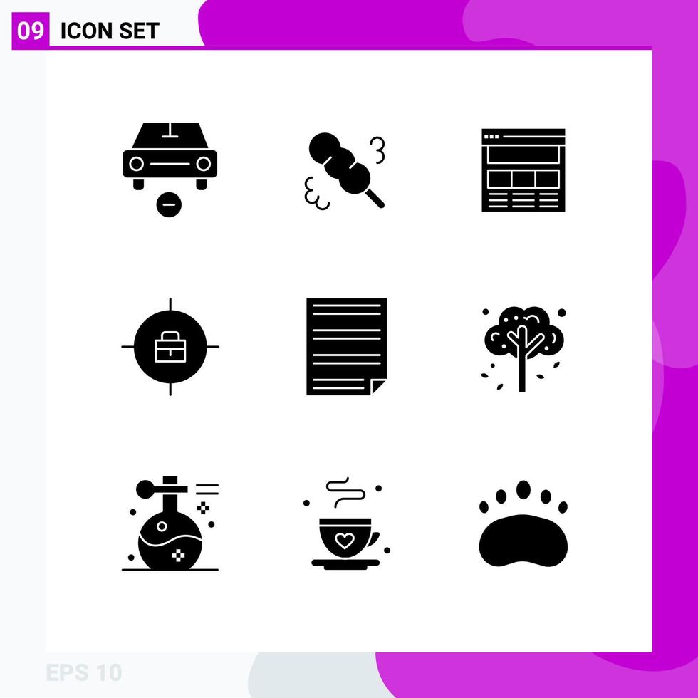 mobile interfaccia solido glifo impostato di 9 pittogrammi di documento realizzazioni sito web Borsa in linea modificabile vettore design elementi