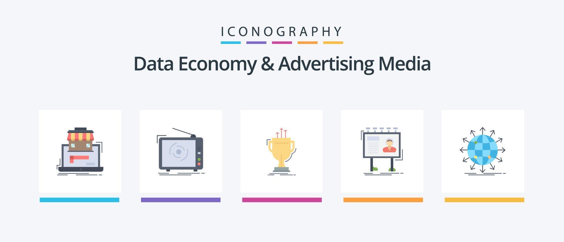 dati economia e pubblicità media piatto 5 icona imballare Compreso tabellone. annuncio. televisione. premio. tazza. creativo icone design vettore