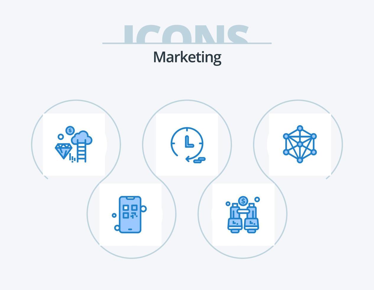marketing blu icona imballare 5 icona design. apprendimento. dati. diamante. guarda. marketing vettore
