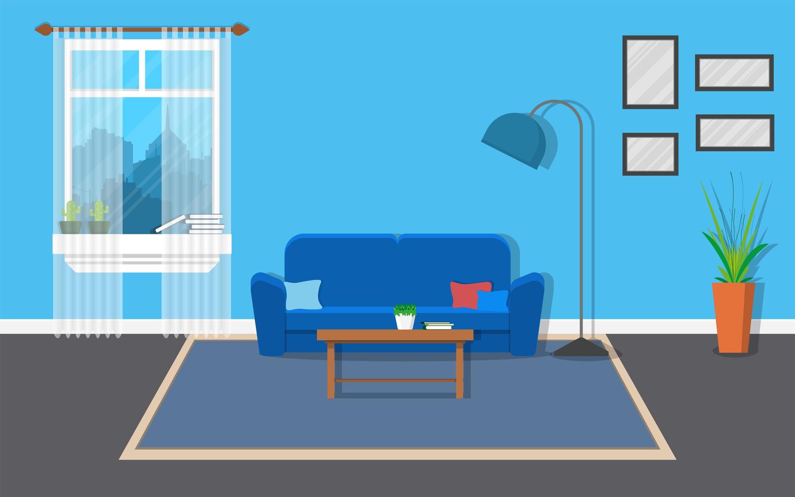 soggiorno interno con mobili e finestra vettore
