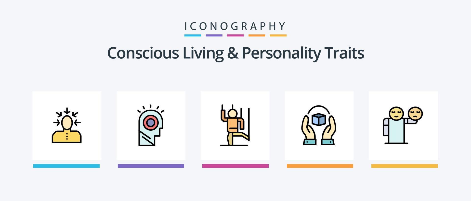 consapevole vivente e personalità tratti linea pieno 5 icona imballare Compreso senso. umano. cappello. tatto. persona. creativo icone design vettore