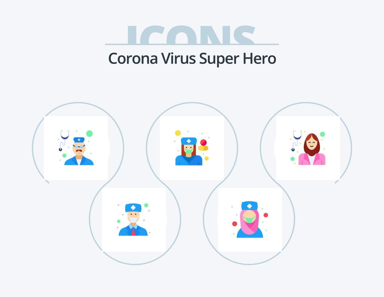 corona virus super eroe piatto icona imballare 5 icona design. femmina. Ospedale. medico. Salute. stetoscopio vettore