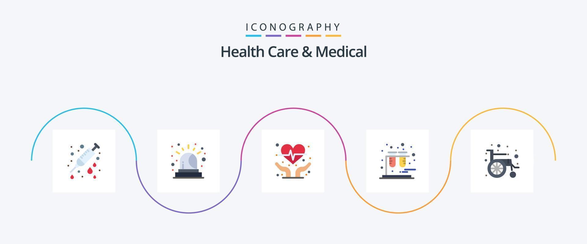 Salute cura e medico piatto 5 icona imballare Compreso . ruota sedia. cuore cura. ruota. tubi vettore