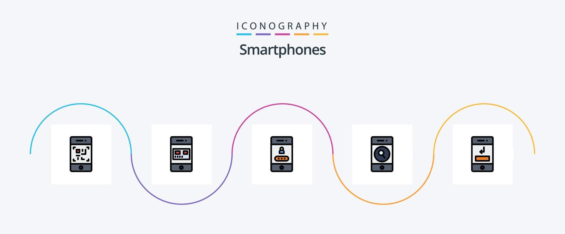 smartphone linea pieno piatto 5 icona imballare Compreso frecce. ricerca. negozio. Telefono. sicurezza vettore