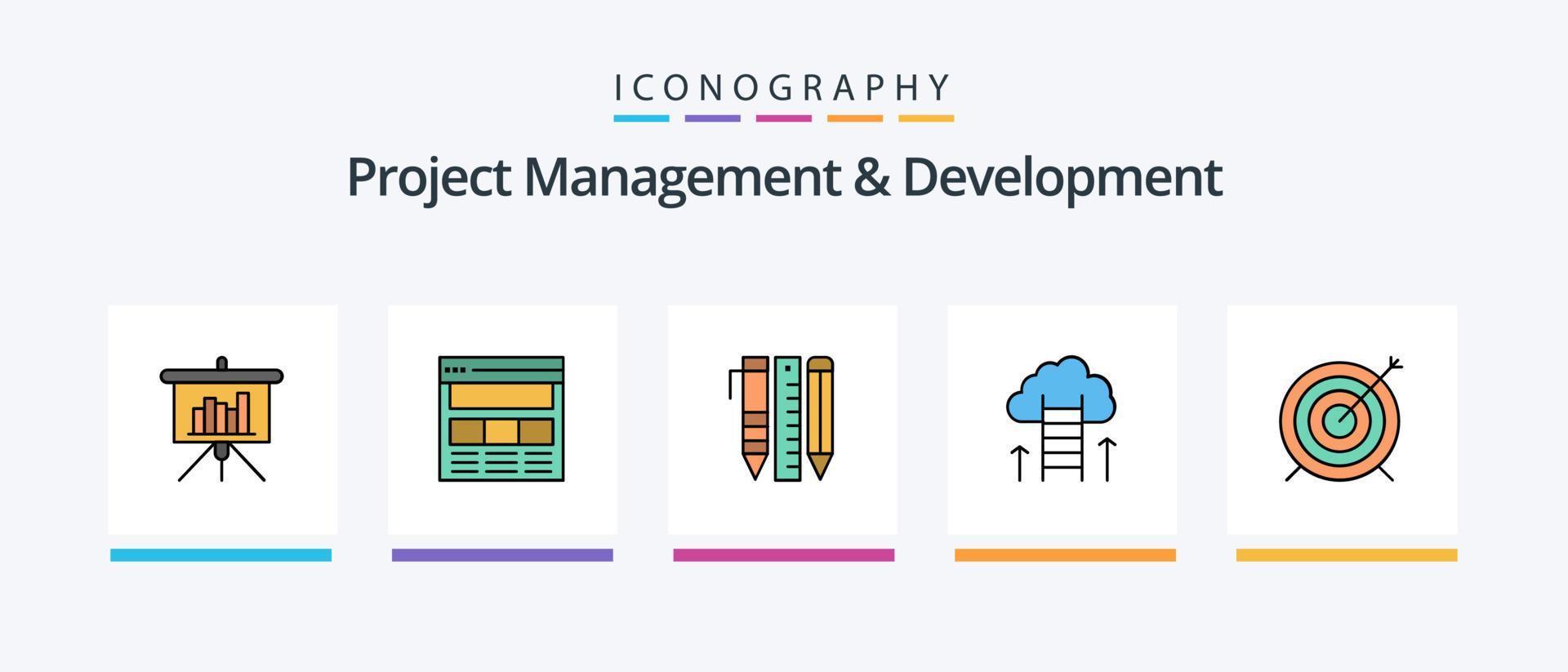 progetto gestione e sviluppo linea pieno 5 icona imballare Compreso penna. stazionario. messa a fuoco gruppo . essenziale Strumenti. moderno. creativo icone design vettore
