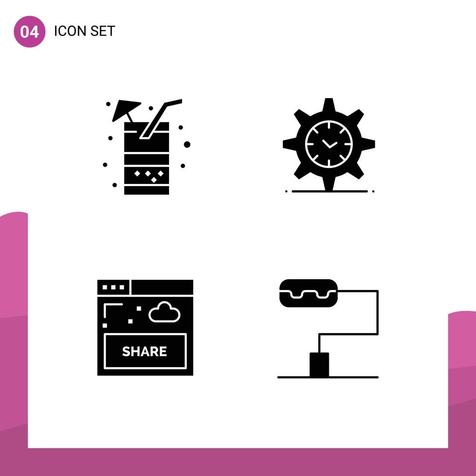mobile interfaccia solido glifo impostato di 4 pittogrammi di bevanda Condividere succo tempo sito web modificabile vettore design elementi