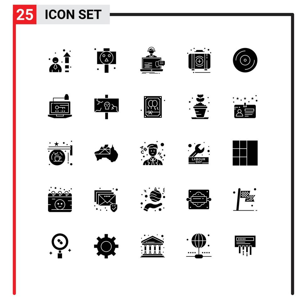 universale icona simboli gruppo di 25 moderno solido glifi di dispositivi kit Chiacchierare primo aiuto modificabile vettore design elementi