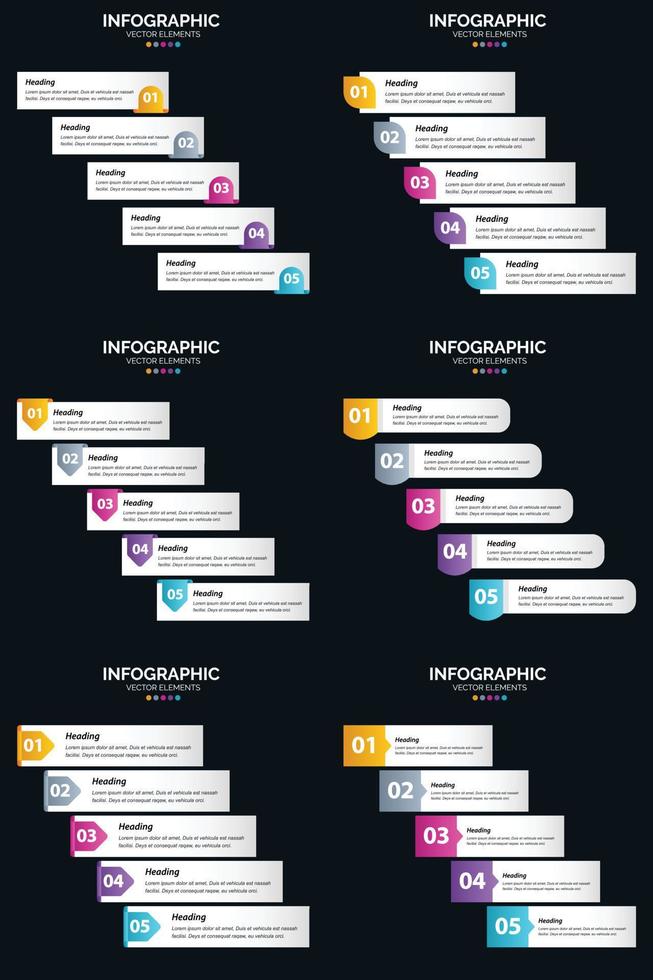 vettore 6 infografica imballare presentazione diapositiva modello 5 passaggi ciclo diagrammi e linea del tempo