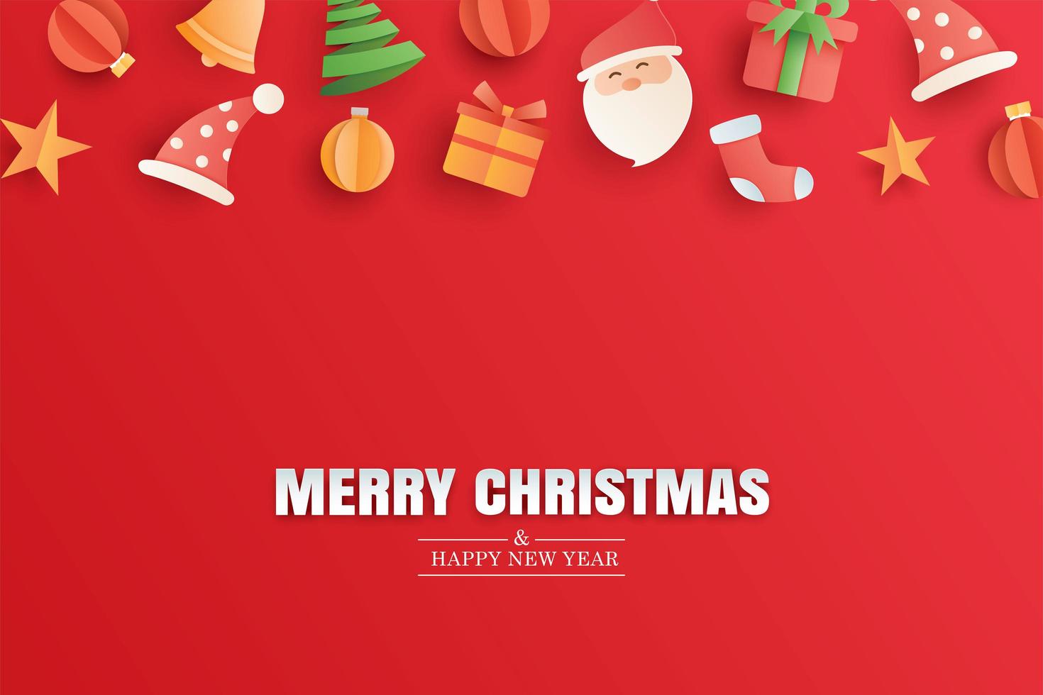 buon natale e felice anno nuovo biglietto di auguri rosso nel modello della bandiera di arte di carta. utilizzare per poster, copertina, volantino. vettore