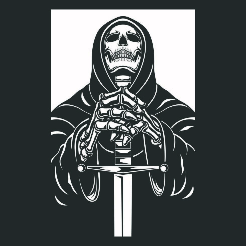 Grim Reaper con illustrazione vettoriale di carattere spada, in bianco e nero