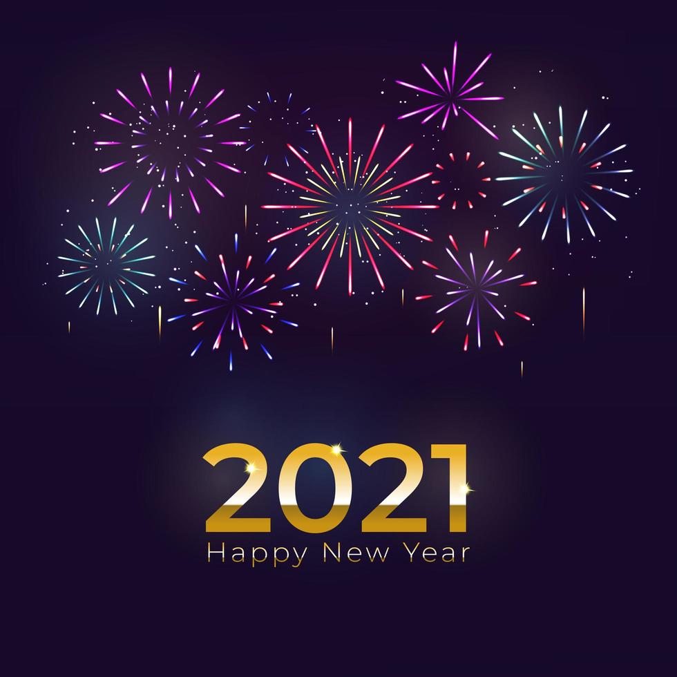 felice anno nuovo 2021 con fuochi d'artificio e sfondo di celebrazione vettore