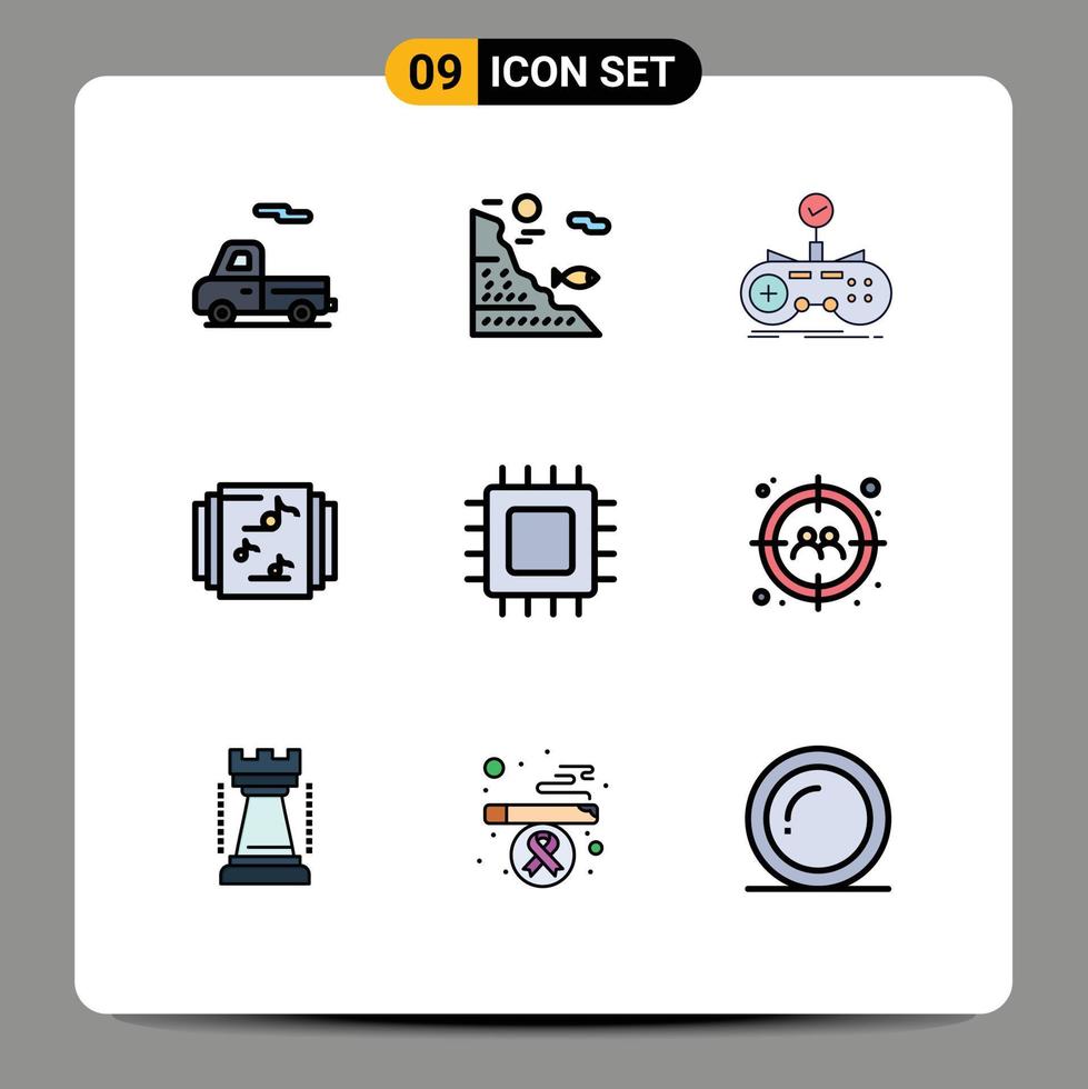 9 tematico vettore riga piena piatto colori e modificabile simboli di computer musica dai un'occhiata biblioteca gioco modificabile vettore design elementi