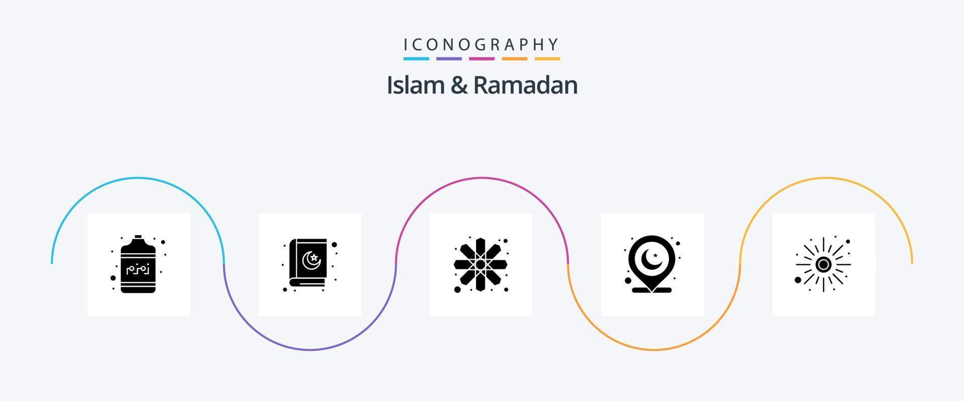 Islam e Ramadan glifo 5 icona imballare Compreso tempo atmosferico. salita. islamico arte. carta geografica spillo. Posizione vettore