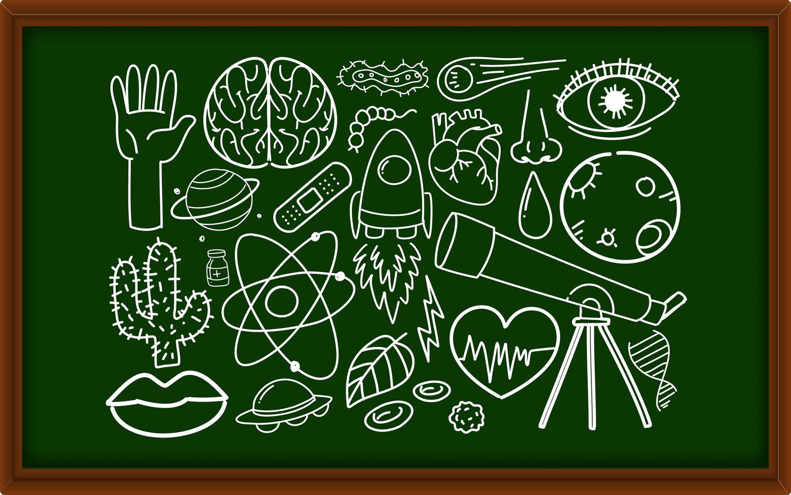 diversi tratti di doodle sulle attrezzature scientifiche sulla lavagna vettore