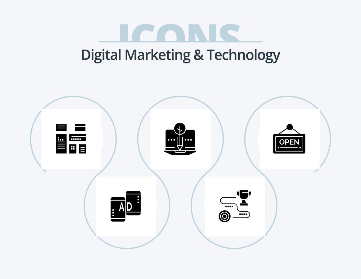 digitale marketing e tecnologia glifo icona imballare 5 icona design. aprire. biologico contenuto. vincita. contenuto. marketing vettore