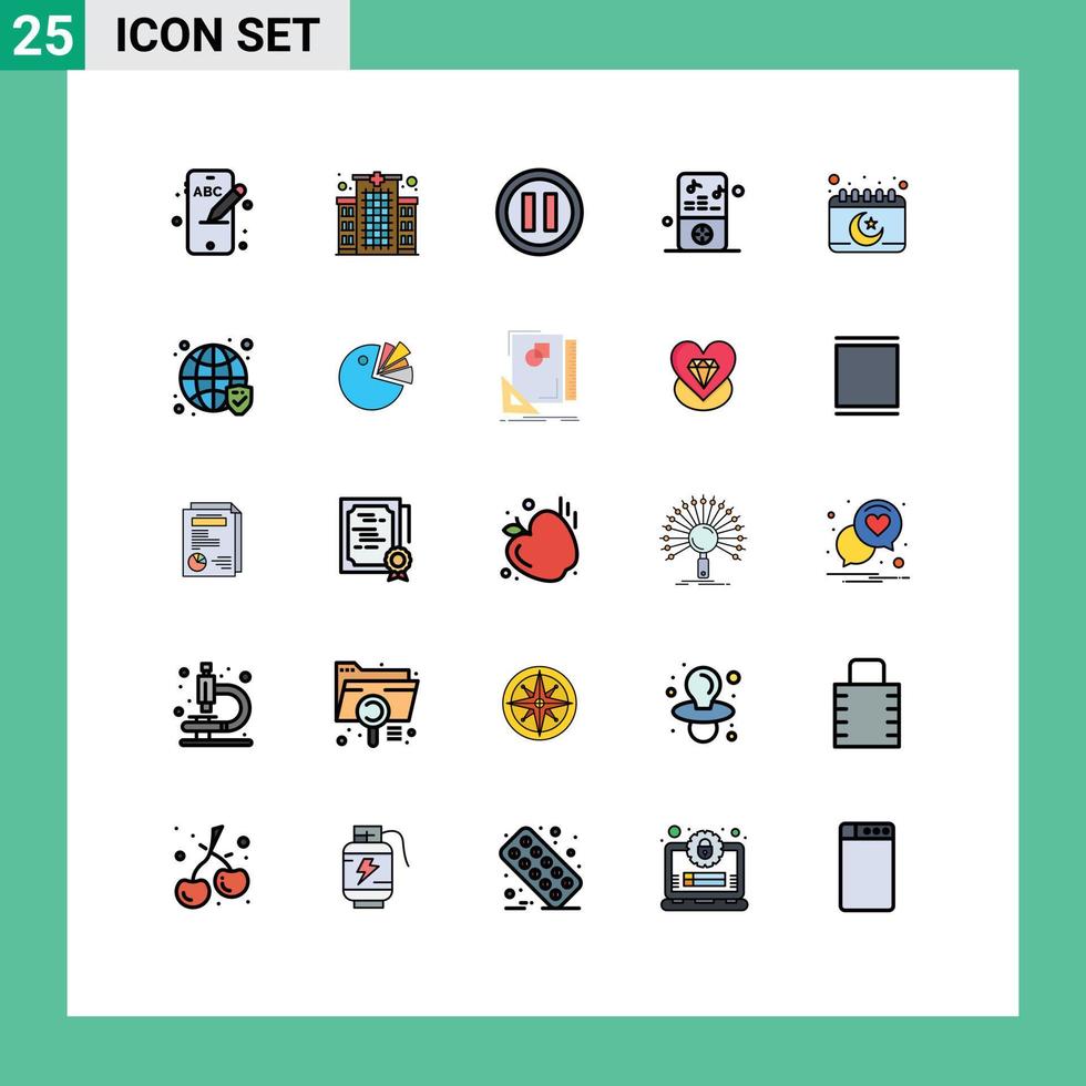 modificabile vettore linea imballare di 25 semplice pieno linea piatto colori di Luna Islam musica calendario musica giocatore modificabile vettore design elementi