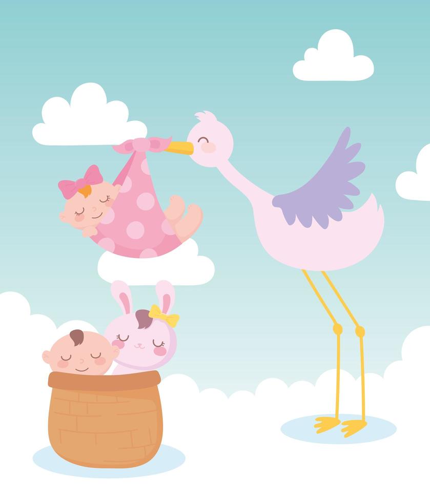 baby shower, cicogna con bambina e bambino e coniglio nel cestino, celebrazione benvenuto neonato vettore