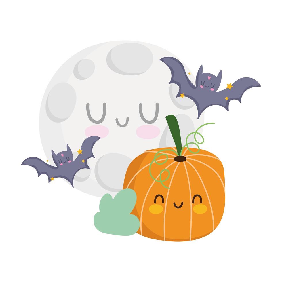 felice halloween, zucca pipistrelli luna ed erba cartone animato, celebrazione festa dolcetto o scherzetto vettore