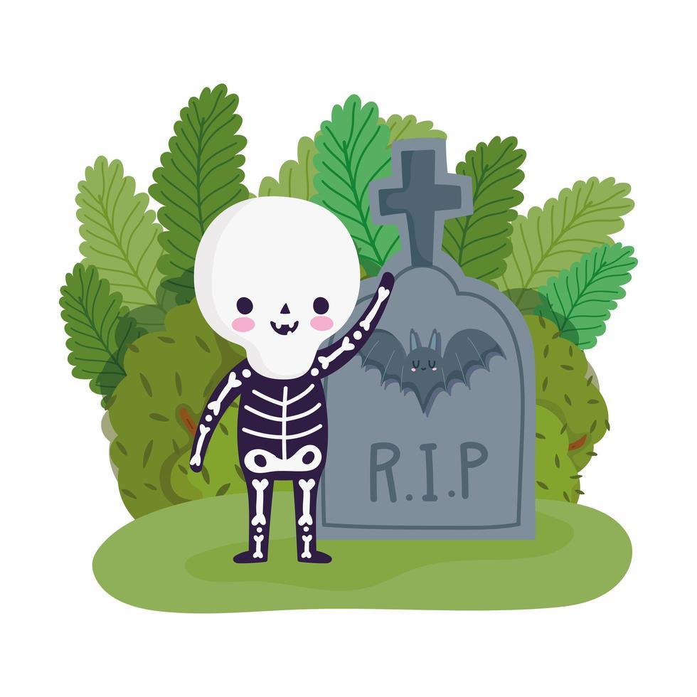 happy halloween, boy skeleton costume tombstone grass, dolcetto o scherzetto festa celebrazione vettore