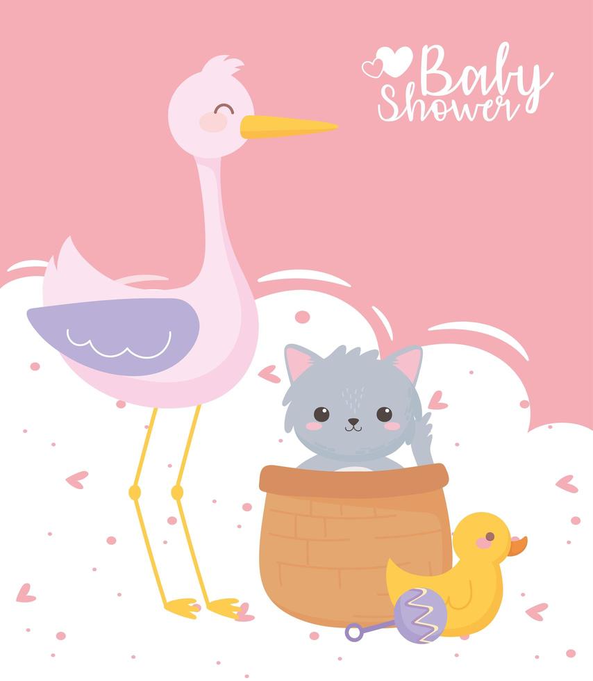 baby shower, simpatica anatra gatto cicogna e giocattoli sonagli, celebrazione benvenuto neonato vettore