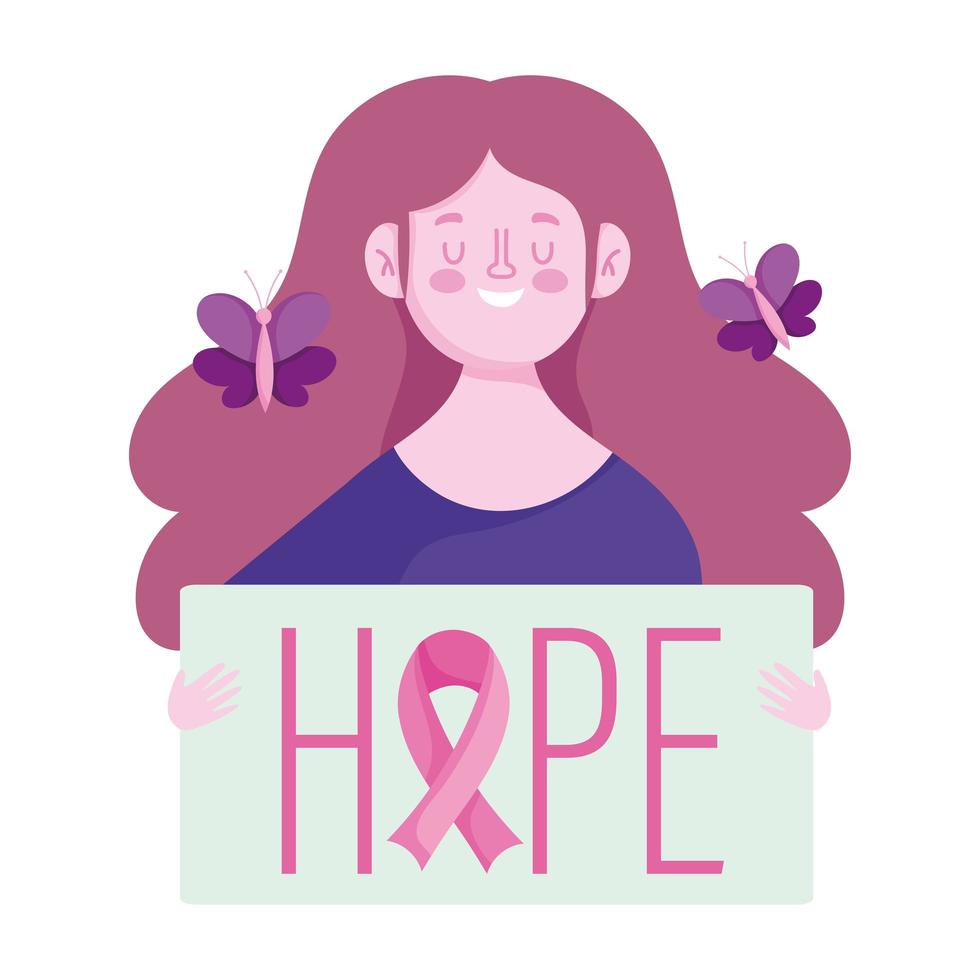 mese di consapevolezza del cancro al seno, donna felice butterlfies e frase di speranza, vettore