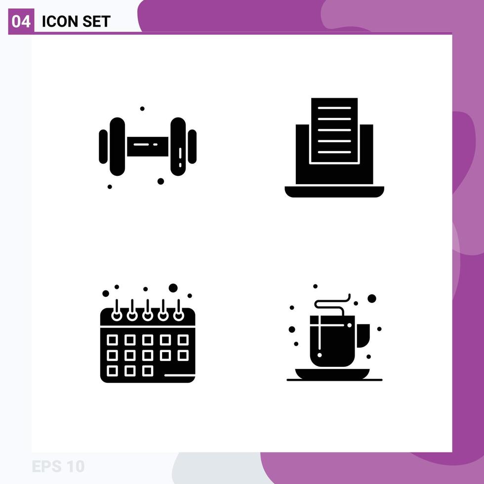 moderno impostato di 4 solido glifi pittogramma di Palestra caffè il computer portatile dieta pianificazione ufficio modificabile vettore design elementi