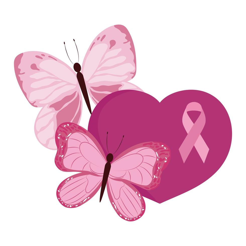 nastro e farfalle del cuore rosa di consapevolezza del cancro al seno vettore