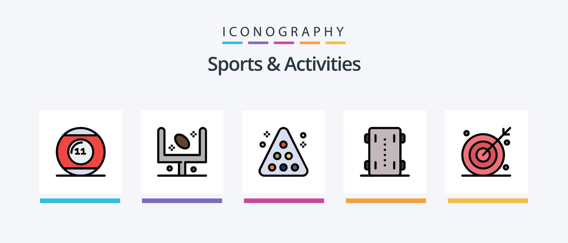 gli sport e attività linea pieno 5 icona imballare Compreso fisica. equipaggio. obiettivo. stadio. punteggio. creativo icone design vettore