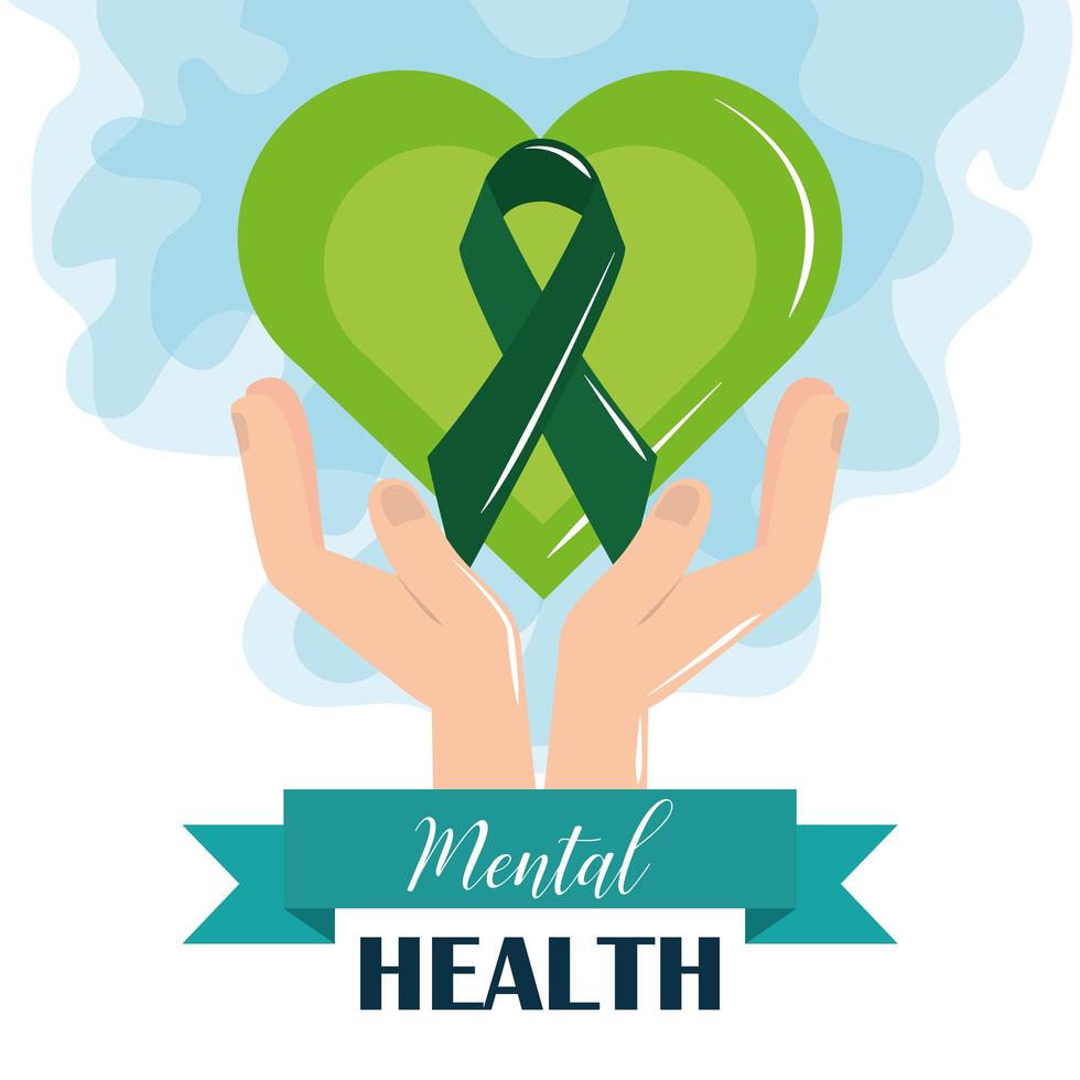 giornata della salute mentale, mani con cuore verde e nastro, cure mediche di psicologia vettore