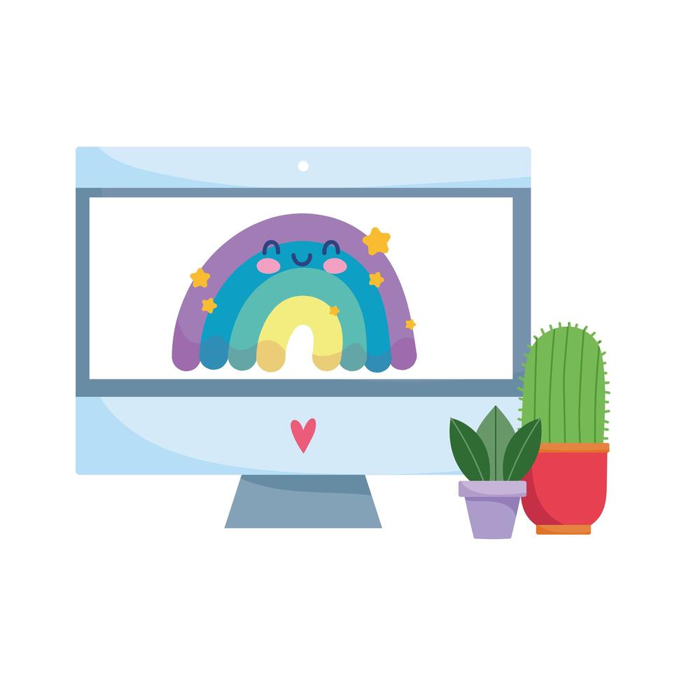 schermo del computer con pianta in vaso e cactus isolato sfondo bianco design vettore