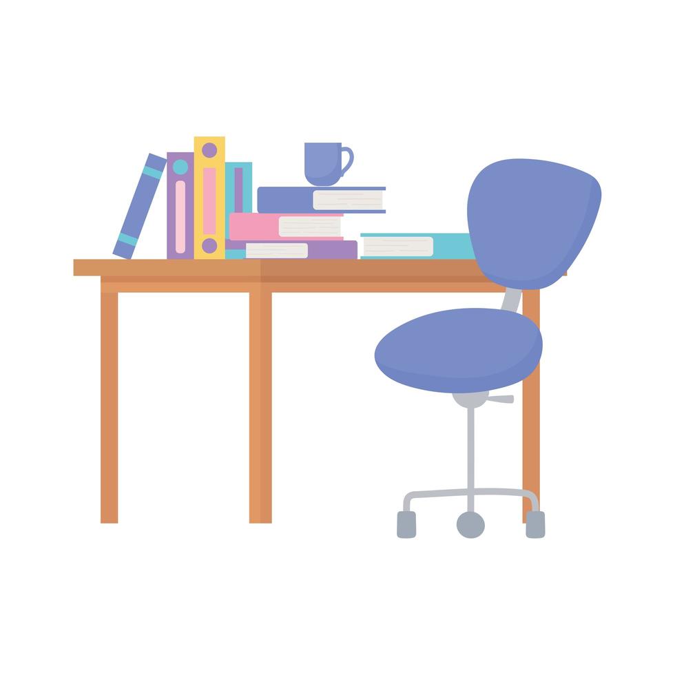 spazio di lavoro sedia da ufficio libri da tavolo e tazza di caffè isolato sfondo bianco design vettore