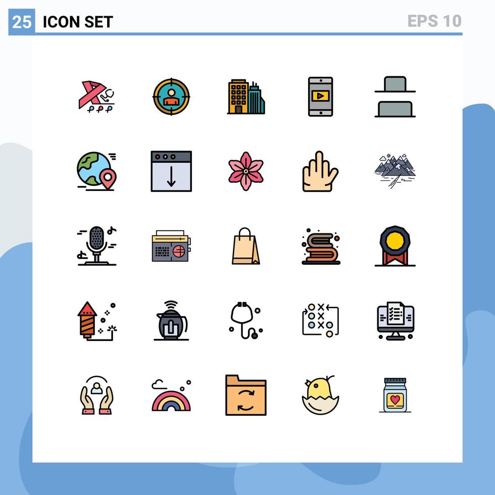 mobile interfaccia pieno linea piatto colore impostato di 25 pittogrammi di verticale parte inferiore ufficio video mobile modificabile vettore design elementi