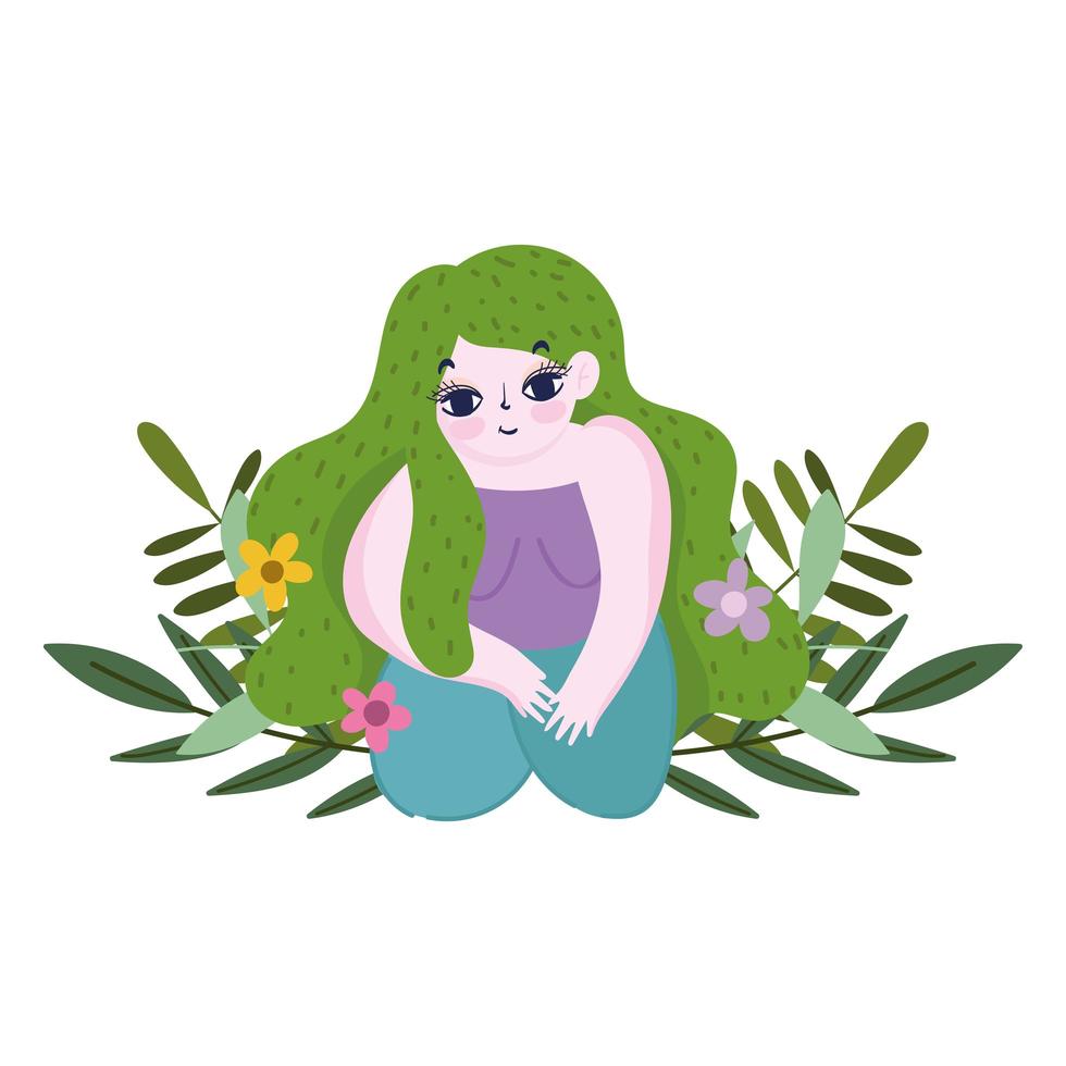 ragazza sul pavimento con capelli verdi fiori isolati icona stile vettore