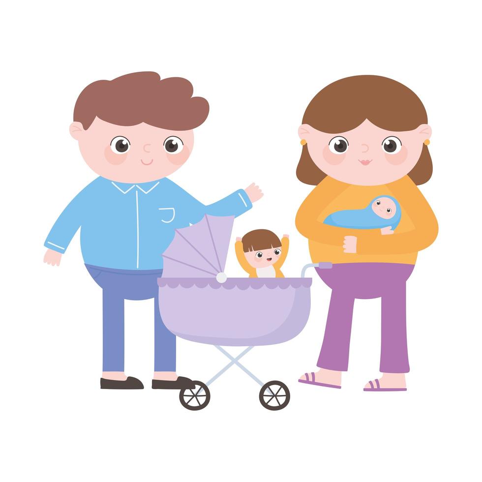 gravidanza e maternità, genitori con bambino e bambino nella carrozzina vettore