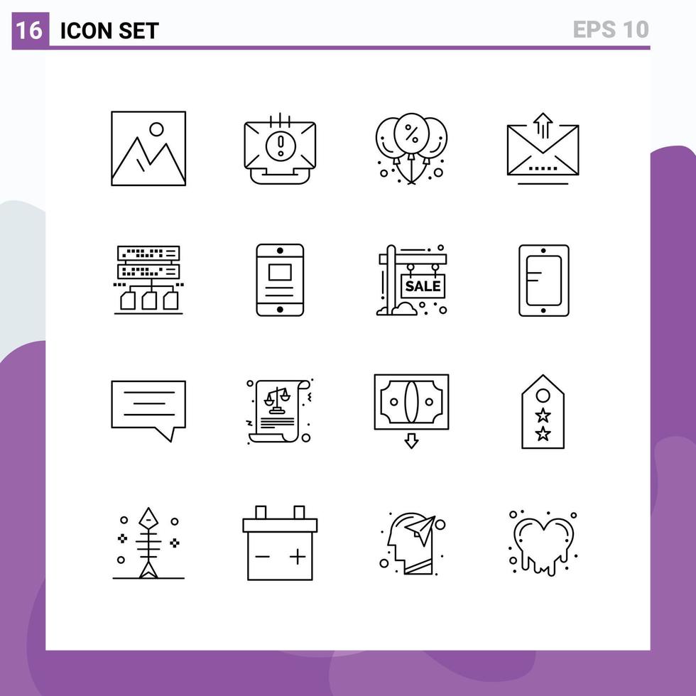 mobile interfaccia schema impostato di 16 pittogrammi di caricare lettera Aiuto e-mail offrire modificabile vettore design elementi