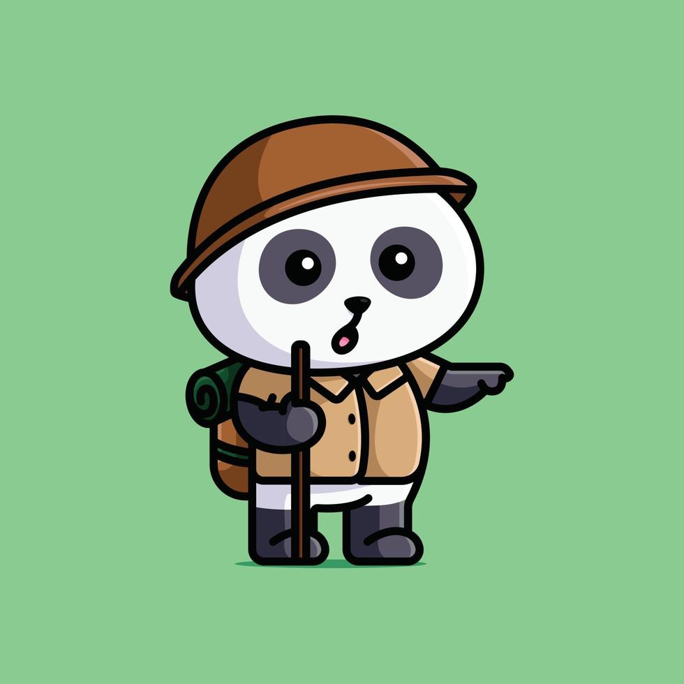 carino avventuriero esploratore panda con cappello e zaino in spalla cartone animato illustrazione vettore animale natura