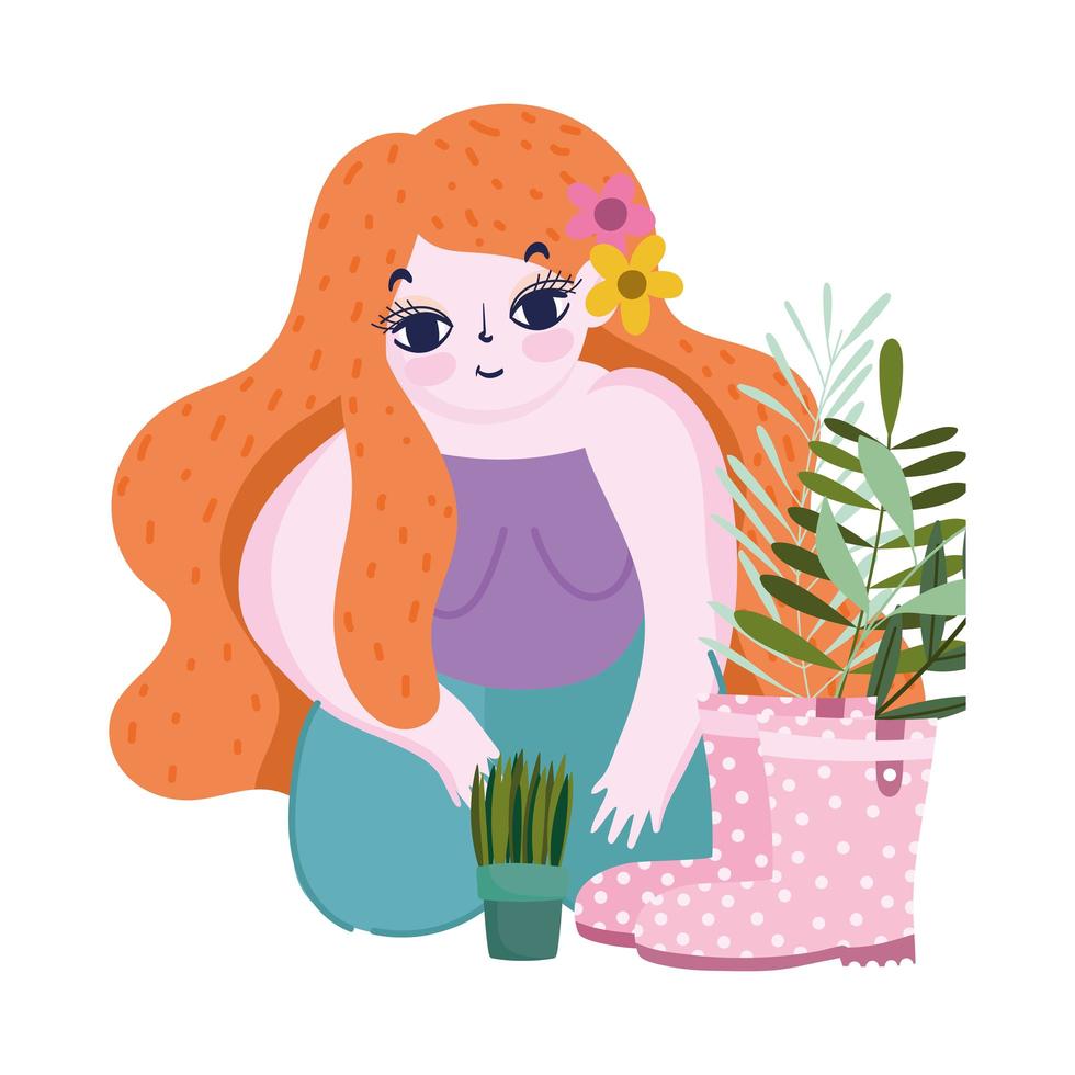giardino felice, ragazza con fiore nei capelli, pianta in vaso stivali fiori natura vettore
