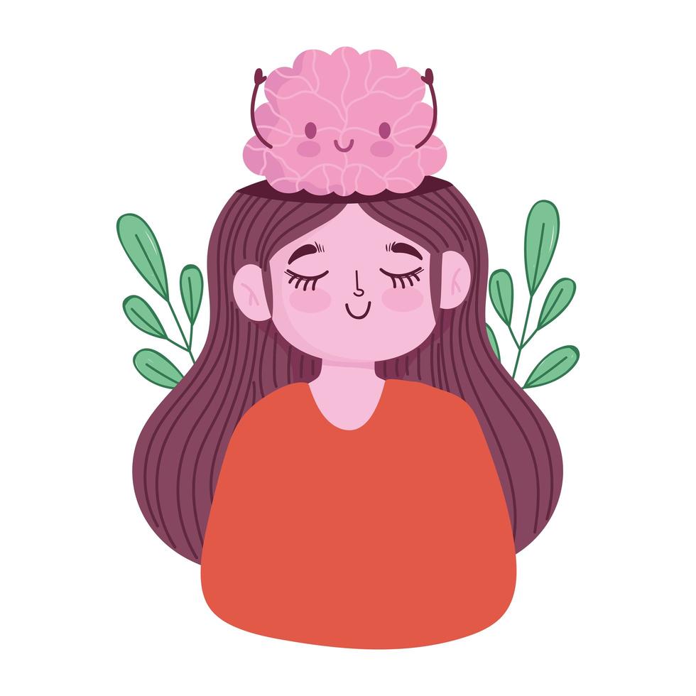 giornata mondiale della salute mentale, ragazza ritratto con cartone animato cervello vettore