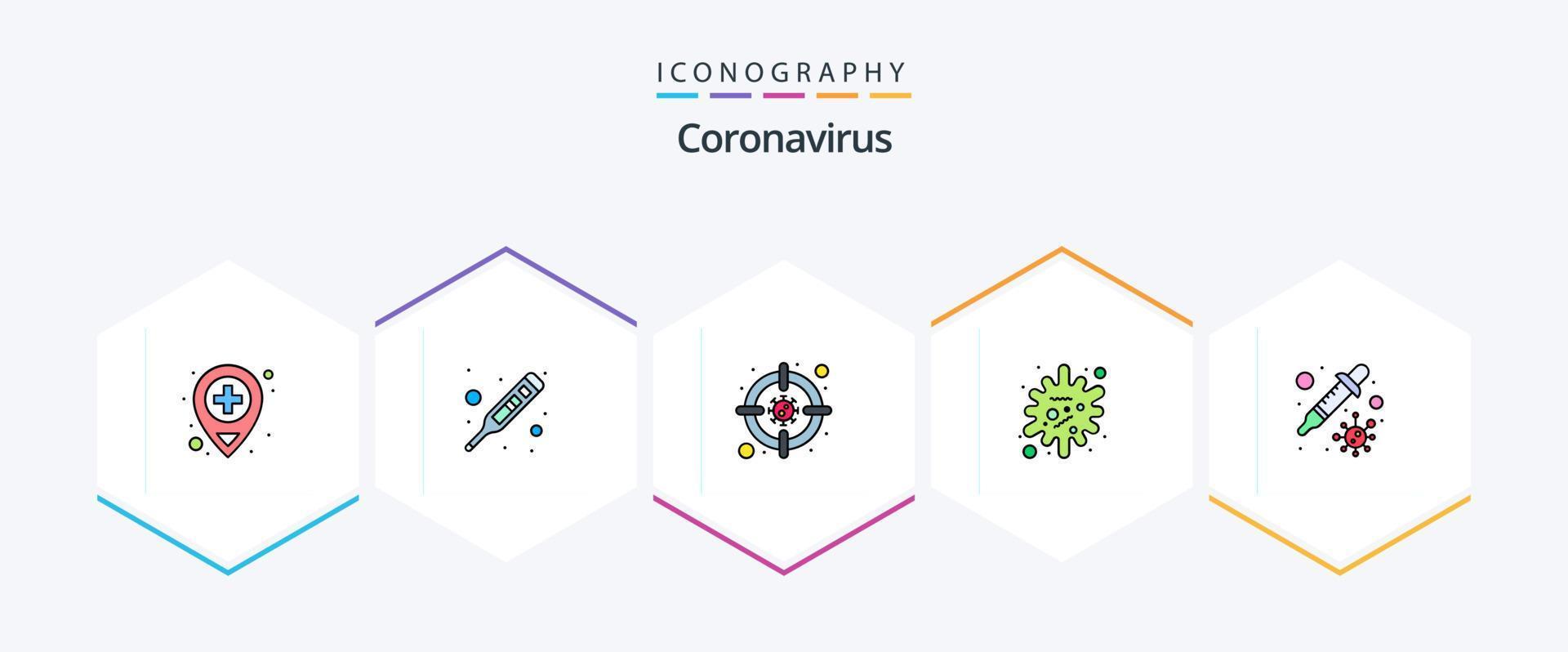 coronavirus 25 riga piena icona imballare Compreso petri. infezione. obbiettivo. epidemico. antigene vettore