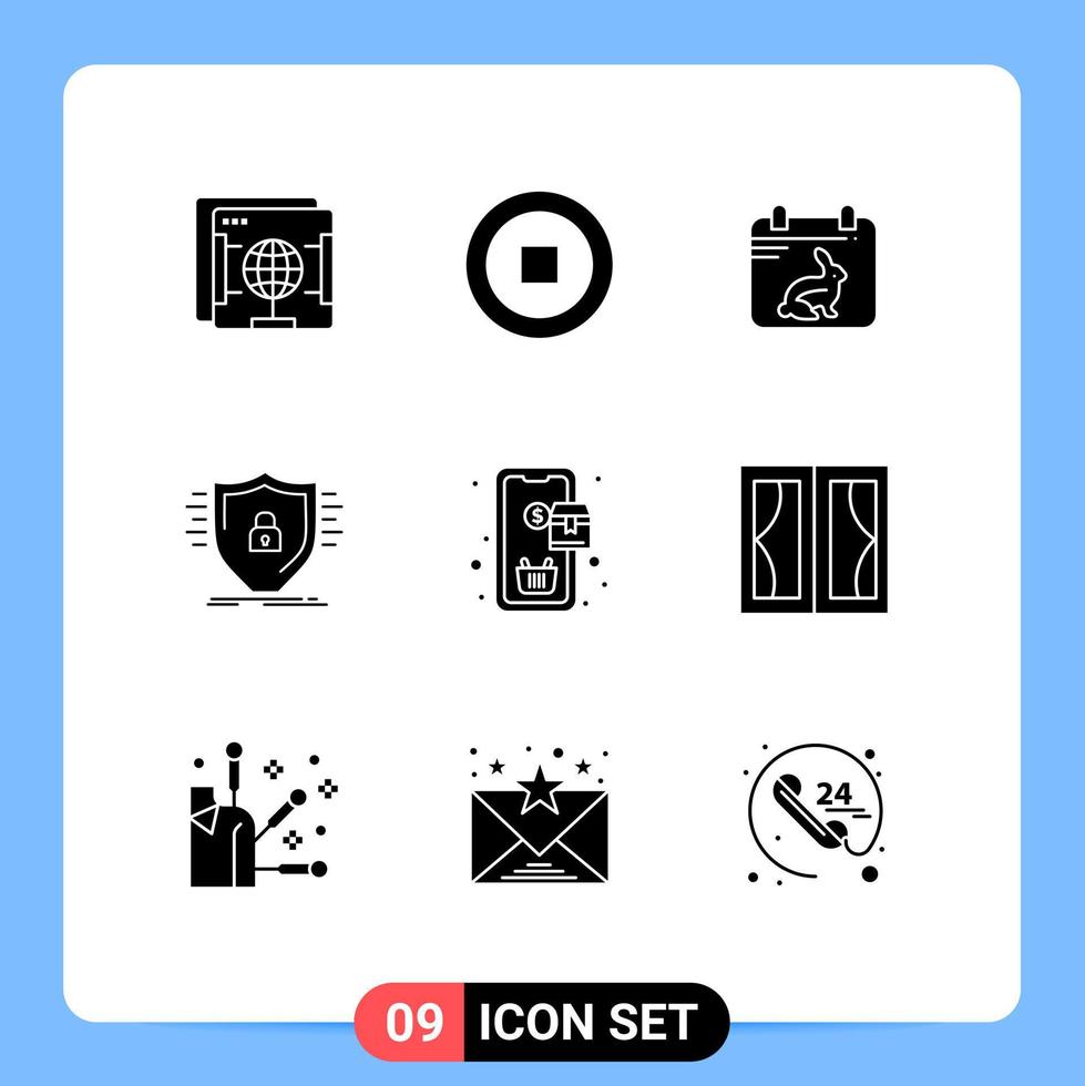 modificabile vettore linea imballare di 9 semplice solido glifi di ordine scudo giorno sicurezza firewall modificabile vettore design elementi