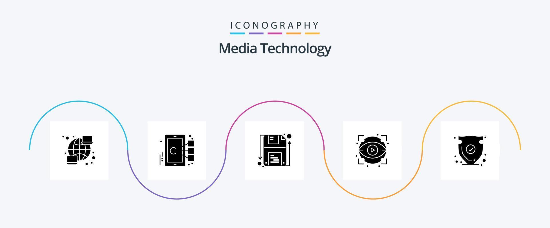 media tecnologia glifo 5 icona imballare Compreso scudo. mostrare. disco. Visualizza. occhio vettore