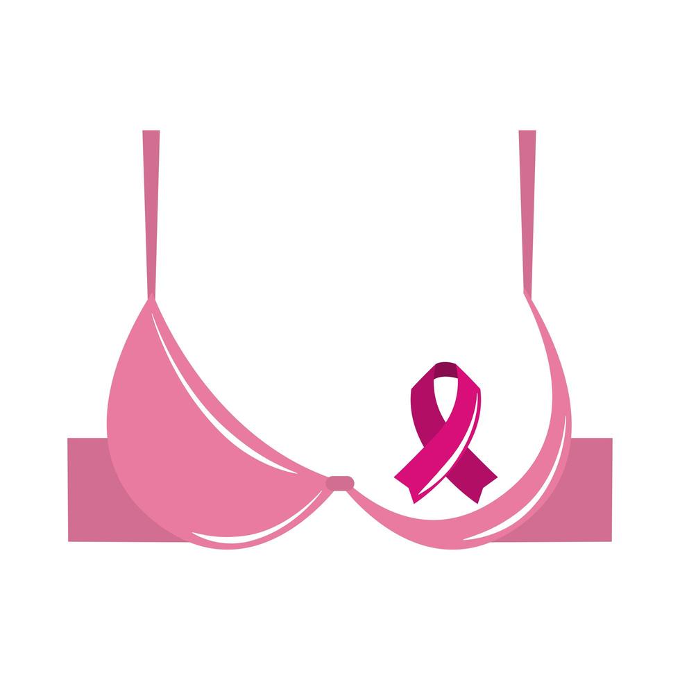 mese di consapevolezza del cancro al seno, nastro rosa sull'emblema del reggiseno, stile icona piatto del concetto di assistenza sanitaria vettore