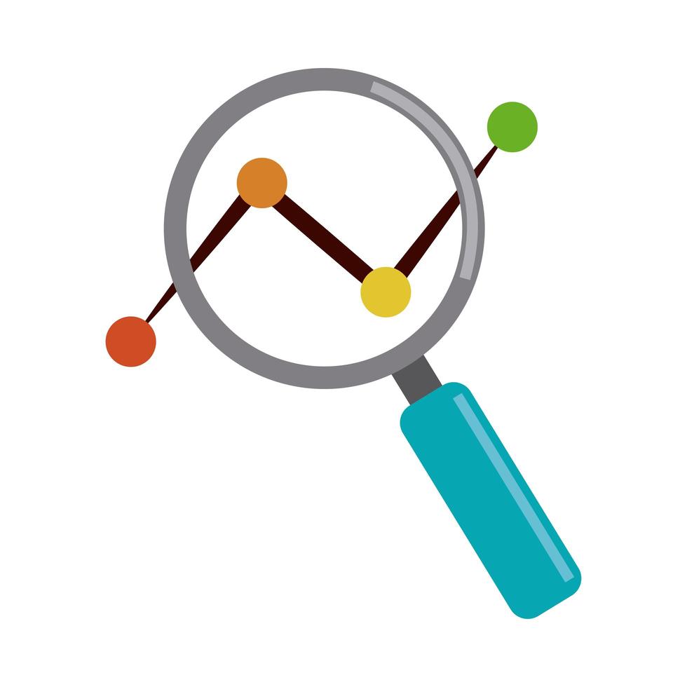 analisi dei dati, lente d'ingrandimento grafico a linee tratteggiate marketing icona piatta vettore