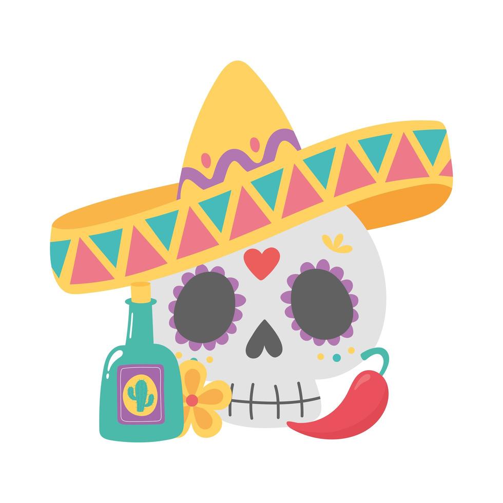 giorno dei morti, teschio con cappello tequila peperoncino e celebrazione messicana fiore vettore