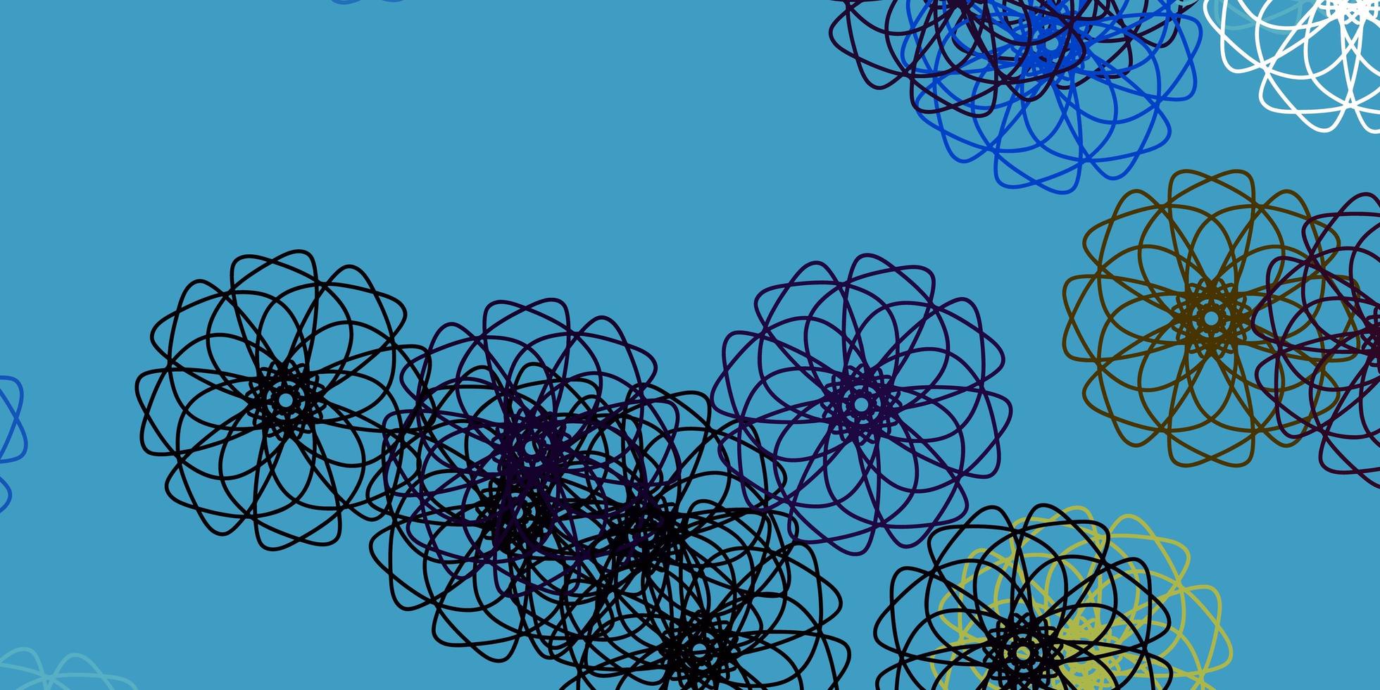 modello di doodle di vettore blu chiaro, giallo con fiori.