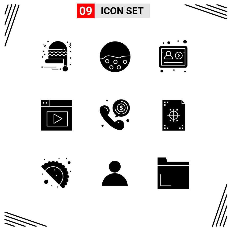 9 solido glifo concetto per siti web mobile e applicazioni dollaro chiamata account video ragnatela modificabile vettore design elementi