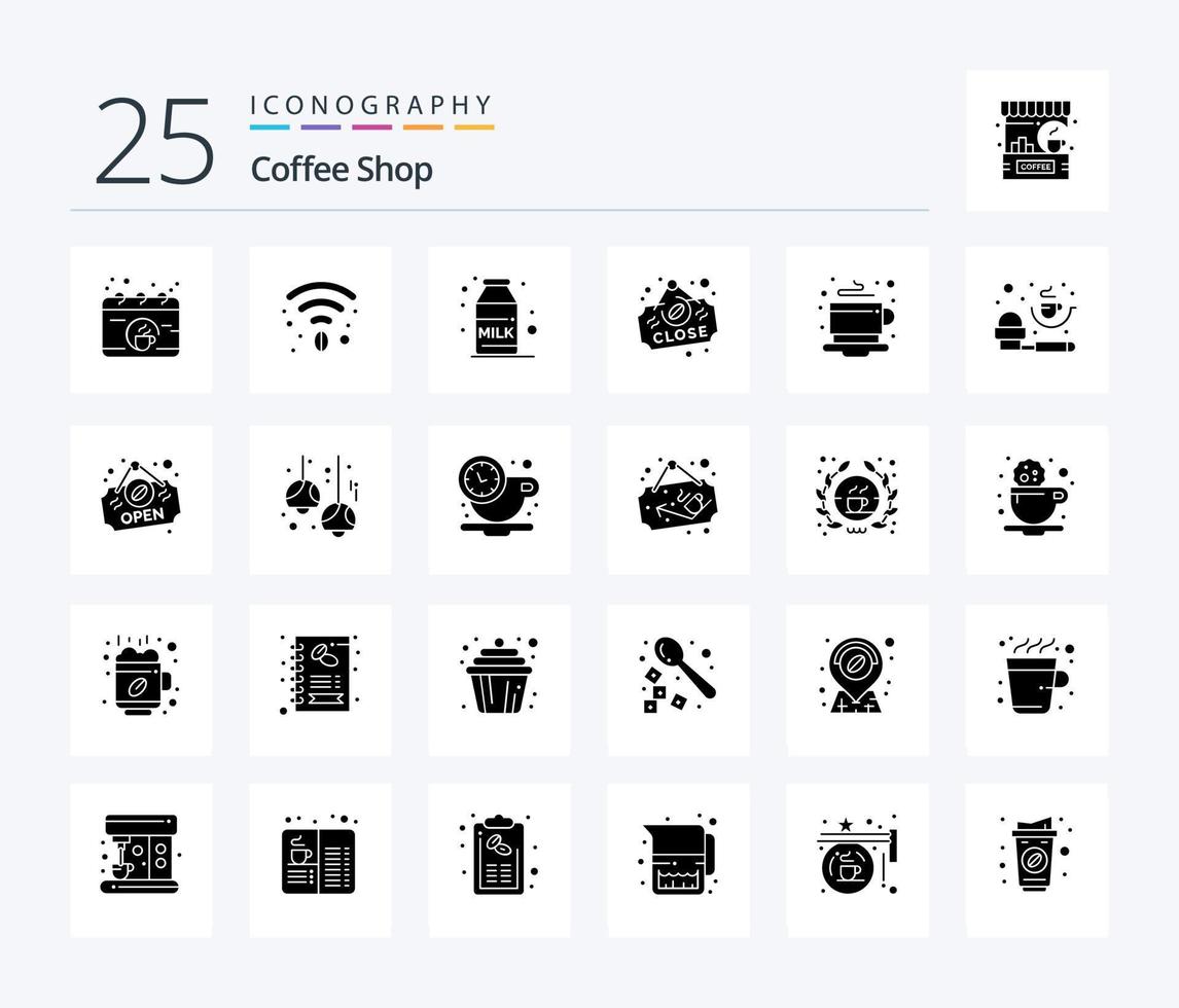 caffè negozio 25 solido glifo icona imballare Compreso piccante. caffè. caffè. prima colazione. vicino vettore