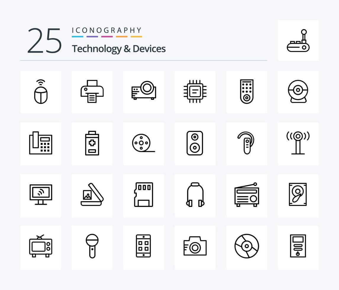 dispositivi 25 linea icona imballare Compreso webcam. tv. film. a distanza. processore vettore