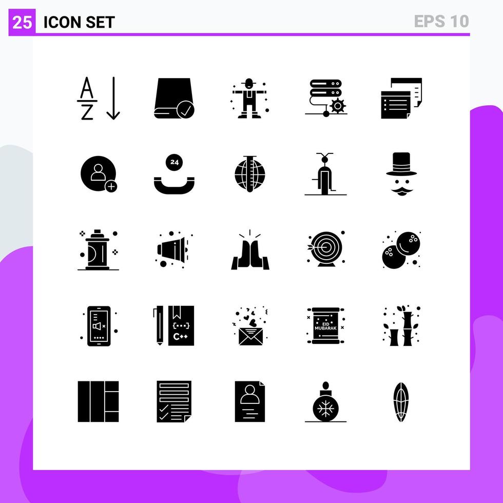 mobile interfaccia solido glifo impostato di 25 pittogrammi di Appunti ambientazione personaggio server Banca dati modificabile vettore design elementi